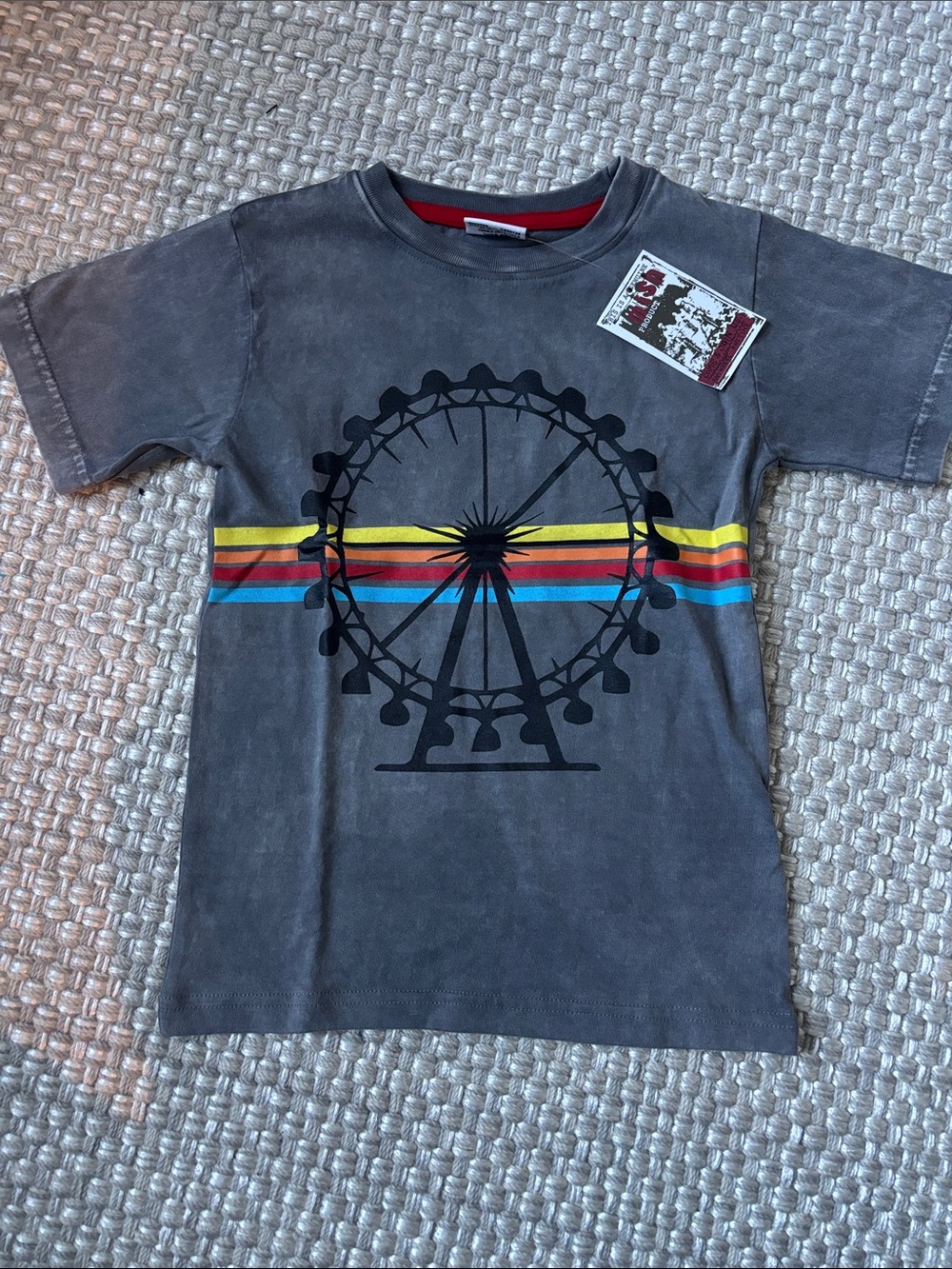 Gray Kids Short-Sleeve Tee with Ferris Wheel Graphic and Yellow/Red/Blue Stripes